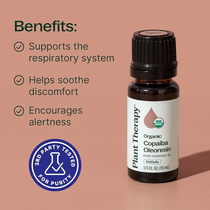 Plant Therapy Organic Copaiba Essential Oil (Oleoresin), 10 mL (1/3 oz), 100% Pure, USDA Certified Organic, Undiluted, Aromatherapy for Diffuser & Skincare