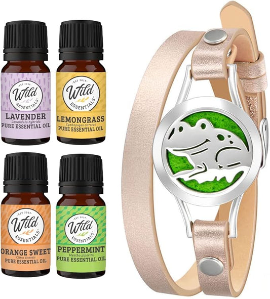 Wild Essentials Happy Frog Essential Oil Leather Wrap Bracelet Diffuser Kit, Gift Set, Lavender, Lemongrass, Peppermint, Orange Oils, 12 Pads, Customizable Color Changing Perfume Jewelry, Aromatherapy