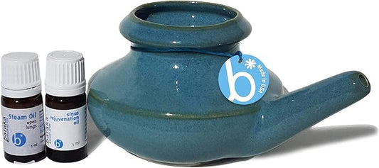 Baraka Breathe Easy Kit - Ceramic Neti Pot, 4ml Sinus Rejuvenation Oil for Sinus Relief & 5ml Steam Oil to Open Lungs, Aromatherapy & Allergy Relief, Essential Oils Blend, Light & Easy to Use - Jade