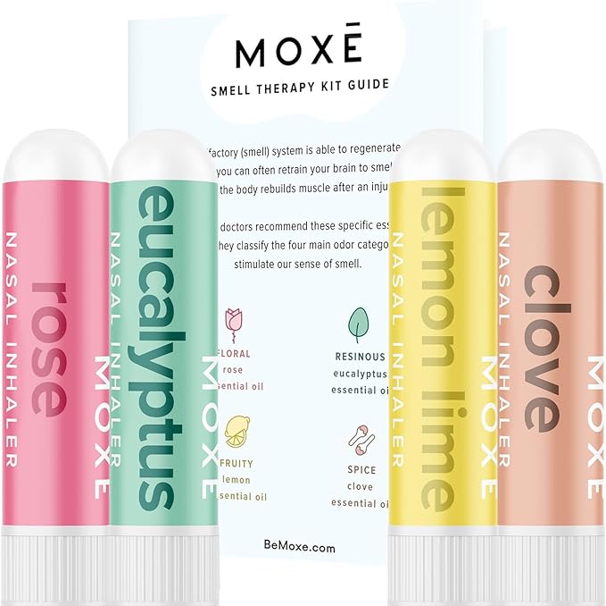 MOXĒ Smell Training Kit, Made in USA, 4 Essential Oils, Olfactory Regeneration, Helps Restore Sense of Smell, Natural Therapy for Smell Loss, Lemon, Rose, Clove, Eucalyptus, Guidebook, Personal Log