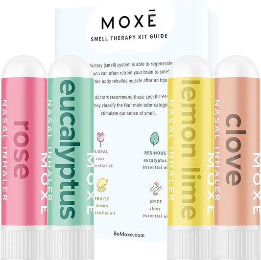 MOXĒ Smell Training Kit, Made in USA, 4 Essential Oils, Olfactory Regeneration, Helps Restore Sense of Smell, Natural Therapy for Smell Loss, Lemon, Rose, Clove, Eucalyptus, Guidebook, Personal Log