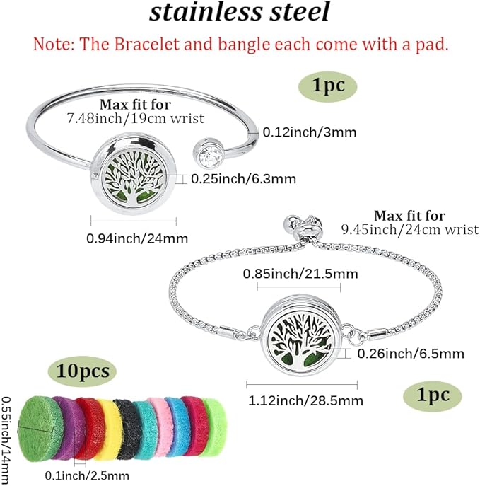SUNNYCLUE 1 Box 2 Sets Essential Oil Diffuser Bracelets Essential Oil Bracelet Bangles with 10Pcs Refill Pad Tree of Life Stainless Steel Aromatherapy Locket Adjustable Jewelry for Women Gifts Travel