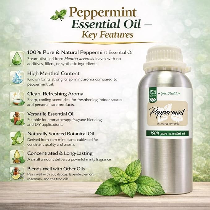 GreenHealth Peppermint Essential Oil – 16 fl oz – 100% Pure & Uncut – Steam-Distilled – Aluminum Bottle for Diffuser, Cleaning, DIY Projects