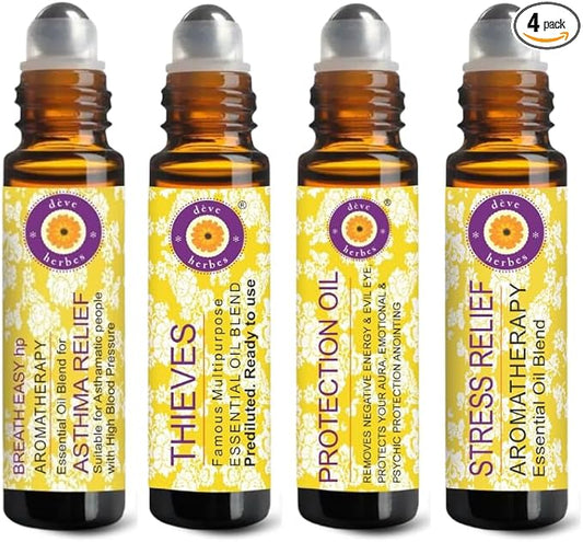 Deve Herbes Kit of Pure Aromatherapy Essential Oil Blends Roll On (Pack of Four) 10mlX4