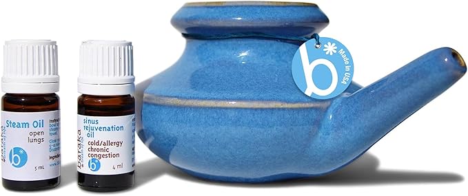 Baraka Breathe Easy Kit - Ceramic Neti Pot, 4ml Sinus Rejuvenation Oil for Sinus Relief & 5ml Steam Oil to Open Lungs, Aromatherapy & Allergy Relief, Essential Oils Blend, Light & Easy to Use - Blue