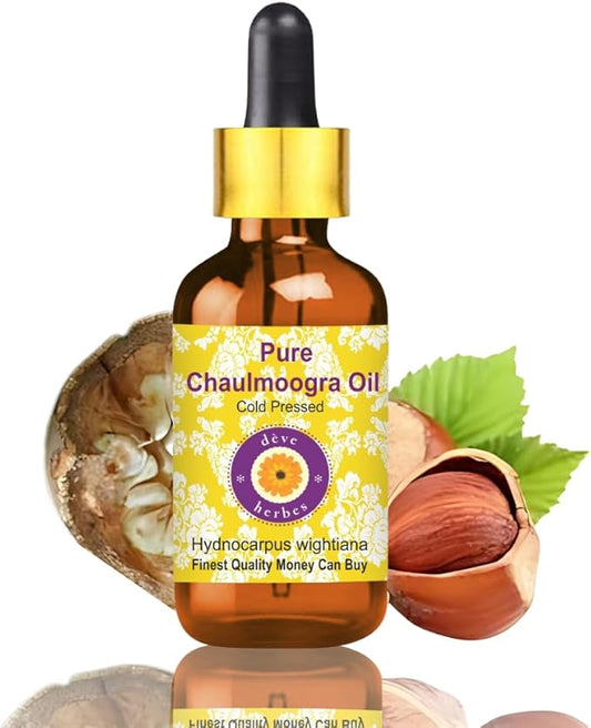 Deve Herbes Chaulmoogra Oil (Hydnocarpus wightiana) with Glass Dropper | Cold Pressed | Pure | Natural | for Diluting Essential Oils | Skin & Massage | Non-Sticky | Lightweight | Unisex | 30ml (1 oz)