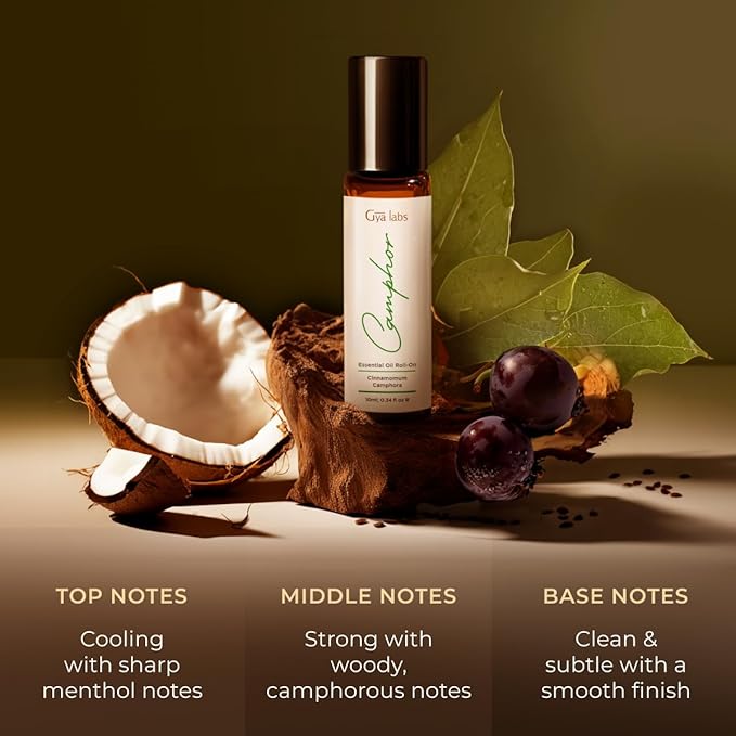 Gya Labs Camphor Essential Oil Roll On - 0.34 Fl Oz - Travel Size Roller for Camping, Skin, Aromatherapy Relief, Convenience