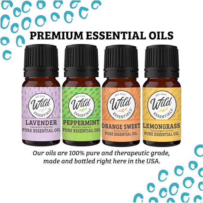 Wild Essentials 4-Piece 100% Pure Therapeutic Grade Essential Oil Sampler Set - Aromatherapy Gift Set - Includes Lavender, Peppermint, Lemongrass and Orange- 5ml Bottles