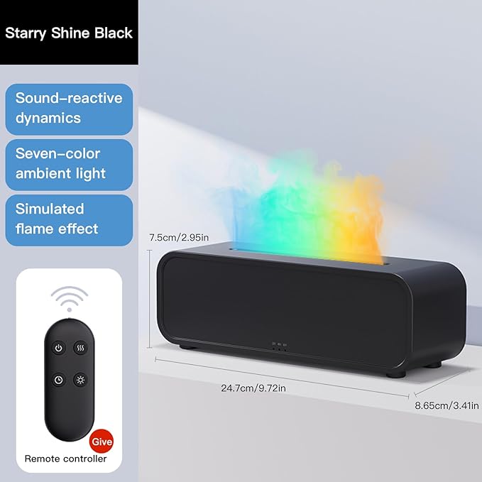 Sound Reactive Flame Aromatherapy Diffuser, 250ml Essential Oil Humidifier with Music Sync Lighting, 7-Color Flame Effects, Remote Control, Timer & Auto Shut-Off for Home, Bedroom, Yoga (Black)