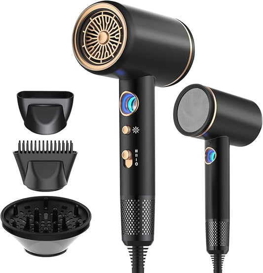 Hair Dryer, Professional Ionic Hair Dryer, Powerful 2200W Fast Drying Low Noise Blow Dryer with 2 Concentrator Nozzle 1 Diffuser Attachments for Women and Men (Black)