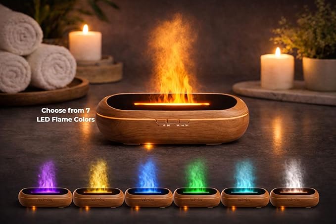 AquaAura Flame Effect Diffuser, 160ml Essential Oil Diffuser with Realistic Flame Mist, 7 LED Colors, Timer & Auto Shut-Off for Bedroom, Home, Office