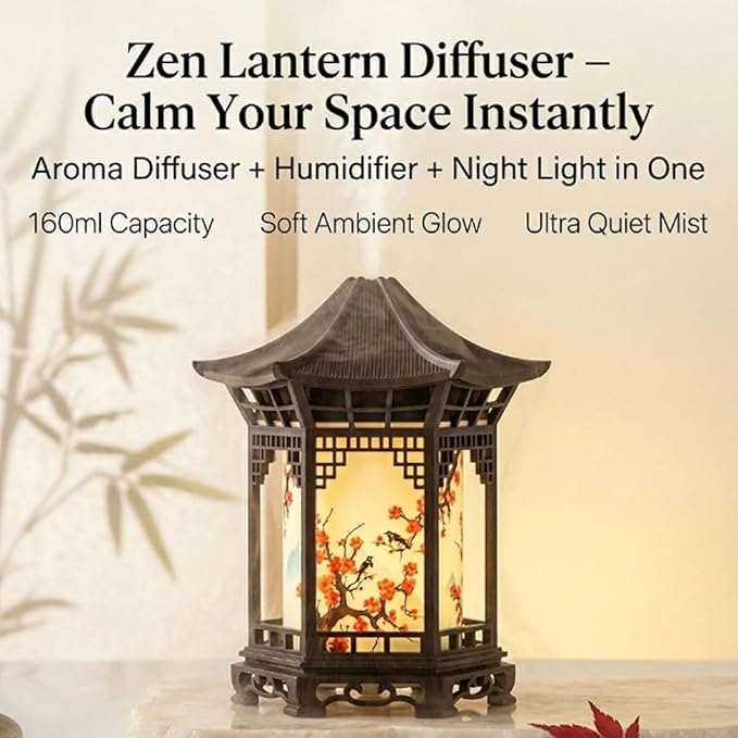 Zen Pavilion Lantern Aroma Diffuser & Night Light, 160ml Essential Oil Diffuser with 2 Mist Modes, USB Direct Charging Japanese Style Zen Garden Humidifier for Meditation, Yoga and Sleep (2pcs Black)