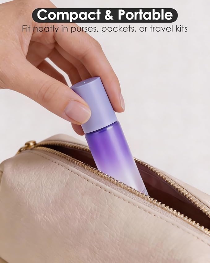 Worldgsb 4 Pack Essential Oil Roller Bottles, 10ml Refillable Glass Roller Bottles with Stainless Steel Roller Balls and Caps for Travel, Perfume and Lip Gloss Purple Gradient