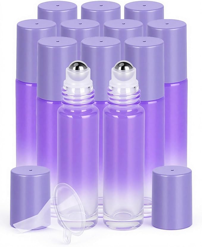 Worldgsb 12 Pack Essential Oil Roller Bottles, 10ml Refillable Glass Roller Bottles with Stainless Steel Roller Balls and Caps for Travel, Perfume and Lip Gloss Purple Gradient