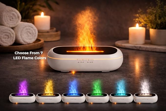 AquaAura Flame Effect Diffuser, 160ml Essential Oil Diffuser with Realistic Flame Mist, 7 LED Colors, Timer & Auto Shut-Off for Bedroom, Home, Office