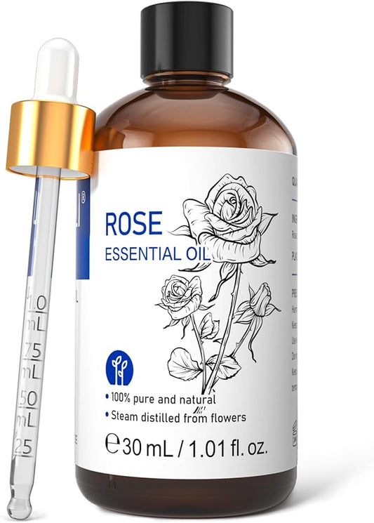 HIQILI Rose Essential Oil 1 Fl Oz, 100% Natural Therapeutic Grade for Aromatherapy, Diffuser, Skin Care, Massage, Includes Premium Quality Glass Dropper