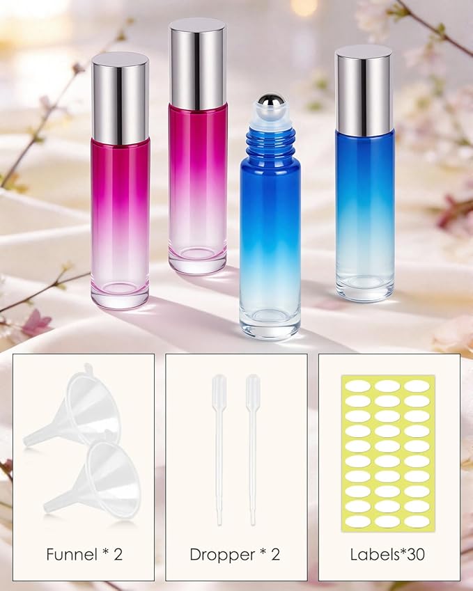 Worldgsb 25 Pack Essential Oil Roller Bottles, 10ml Refillable Glass Roller Bottles with Stainless Steel Roller Balls and Caps for Travel, Perfume and Lip Gloss Blue-Red Gradient