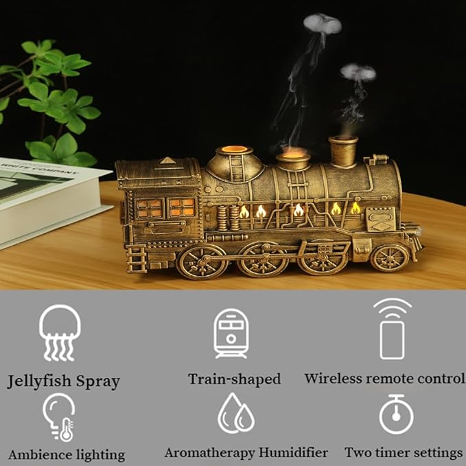 Essential Oil Train Diffuser, Vintage Steam Train Humidifier, Christmas Train Aroma Diffuser, Dual Mist Outlets Cool Mist Quiet Aromatherapy Diffuser with Remote Control, Auto-Off (Black)