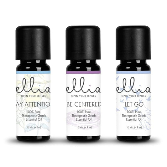 Ellia Essential Oil Set, Calm and Concentration, Including Signature Blends of Pay Attention, Be Centered, and Let Go. 3 Pack Essential Oil Kit, 10ml Each, by Homedics