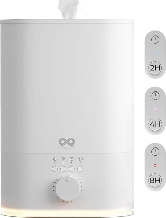 Everlasting Comfort 6L Top Fill Humidifier for Bedroom – Quiet, Easy to Fill & Clean, 60HR Runtime, Night Light, Timer, Ultrasonic Cool Mist, Auto Shut-Off, Essential Oil Compatible - White