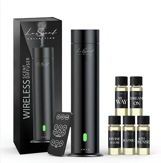 Wireless Aroma Diffuser Scent Oil - Home Luxury Portable Scent Diffuser - Remote Control Waterless Diffuser - 1000 sq. ft Coverage - Essential Oil 20ml Sample Pack Included - Aromatherapy (Black)