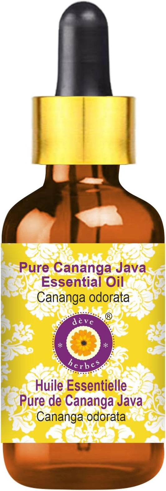 Deve Herbes Pure Cananga Java Essential Oil (Cananga odorata) with Glass Dropper Steam Distilled 10ml (0.33 oz)