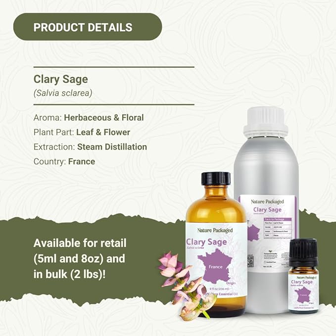 Clary Sage Essential Oil - Direct from France - Steam Distilled - Aceite de Salvia Esclarea for Aromatherapy, Massage, Diffuser, DIY Candle and Soap Making - 2lbs