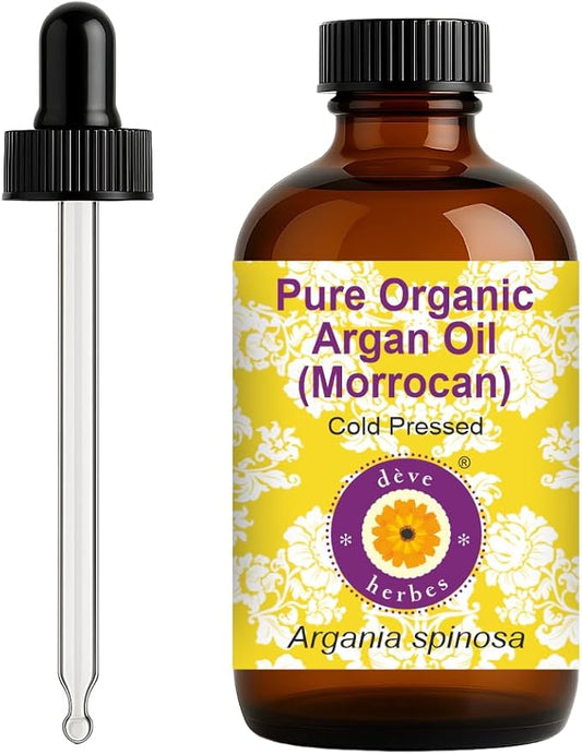 dève herbes Argan (Moroccan) Oil (Argania spinosa) with Glass Dropper | Cold Pressed | Pure | For Diluting Essential oils | Hair, Skin & Massage | Non-Sticky | Lightweight | Unisex | 120ml (4 oz)