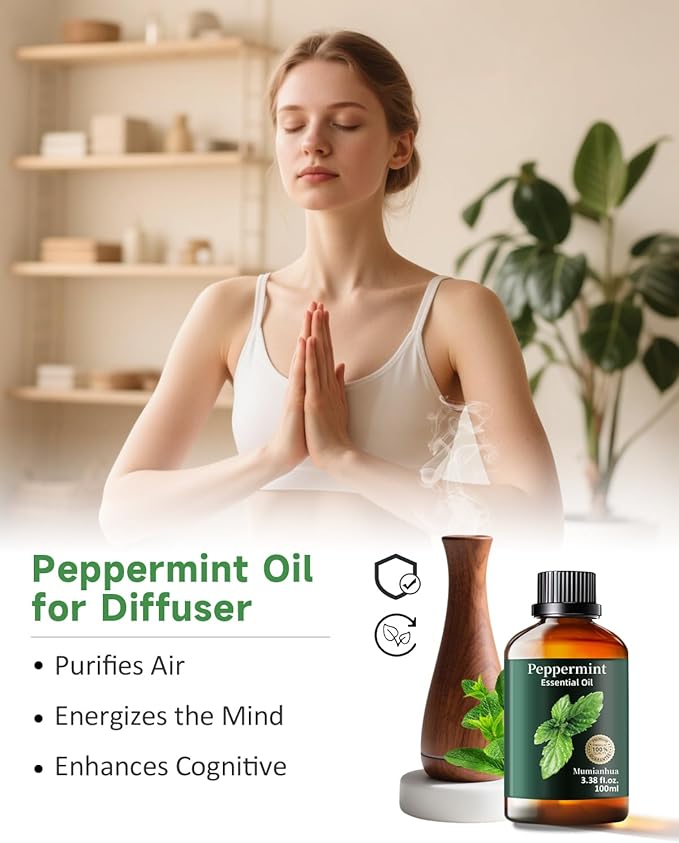 Peppermint Essential Oil,Mumianhua Pure Peppermint Oil, Steam-Distilled for Energy Focus & Soothing, Cooling Relief Oil for Diffuser, Skin,Hair & Natural Cleaning, 3.38 Fl Oz