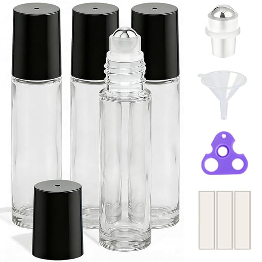 PrettyCare 4 Pack, 10 ml Essential Oil Roller Bottles with Stainless Steel Roller Ball - Refillable Leak-proof Empty Thick Clear Glass Roll on Bottles with Black Caps for Travel, Perfume