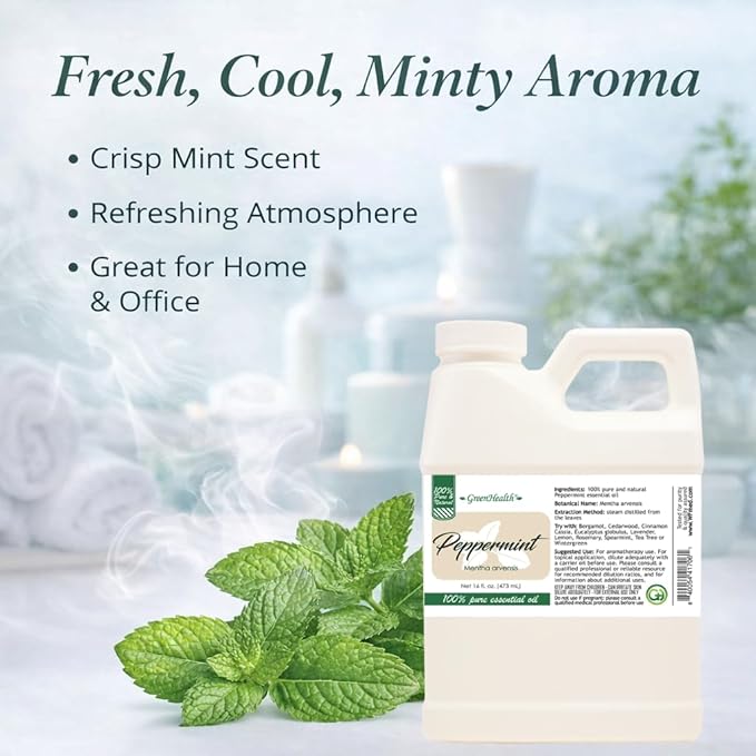 GreenHealth Peppermint Essential Oil 16 fl oz (473 mL) - 100% Pure Mentha Arvensis Oil for Diffusers, Candle Making, Soap Making, DIY Blends, Home Fragrance