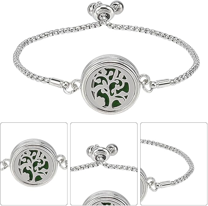 SUNNYCLUE 1 Box 2 Sets Tree of Life Essential Oil Bracelet Blank Bangles bulk with 10Pcs Refill Pads Stainless Steel Aromatherapy Diffuser Locket Adjustable Band Jewelry for Women Birthday Gifts Adult