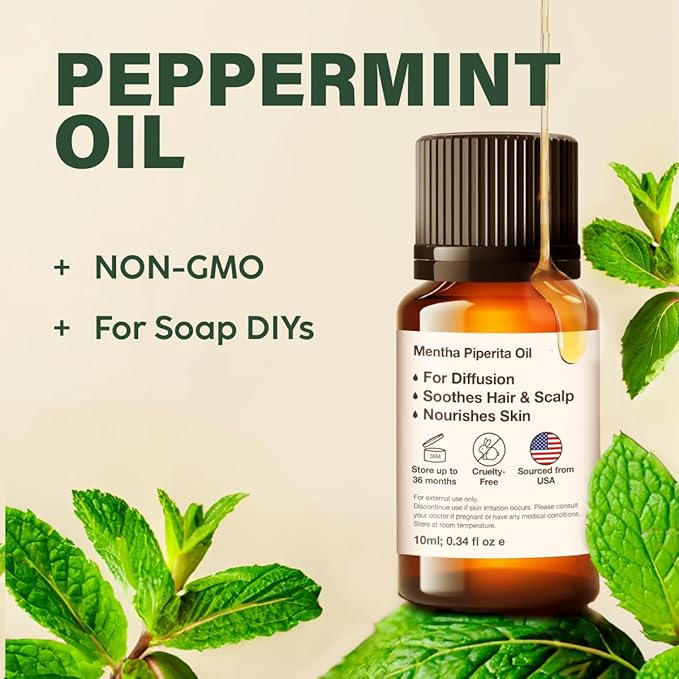 100% Pure Peppermint Oil - 0.34 Fl Oz Peppermint Essential Oil for Hair, Skin, Diffuser, Aromatherapy & DIY Soap Making Scent