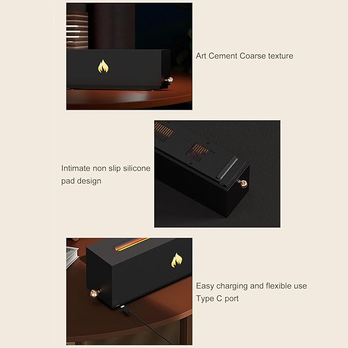 Flame Air Diffuser 3D Fireplace Appearance Multi Colored Fire Automatic Power Off 320ml Silent Flame Mist Air Humidifier for Bedroom Office (Black)