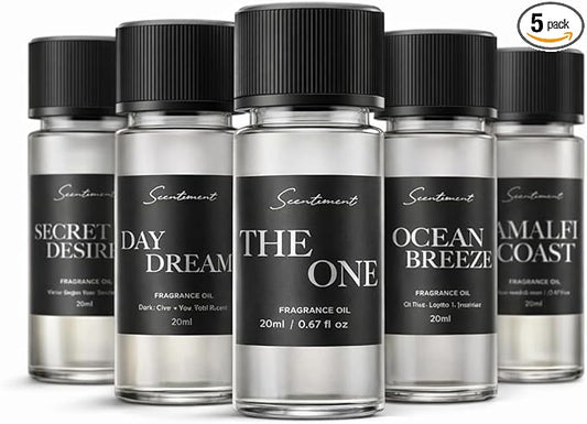 Scentiment Luxury Hotel Scents – 5 Diffuser Oil Set | Secret Desires, Day Dream, The One, Ocean Breeze & Amalfi Coast | Fresh Floral, Woody & Citrus Scents Home Fragrance Oils 5 x 0.68 fl oz (20 mL)
