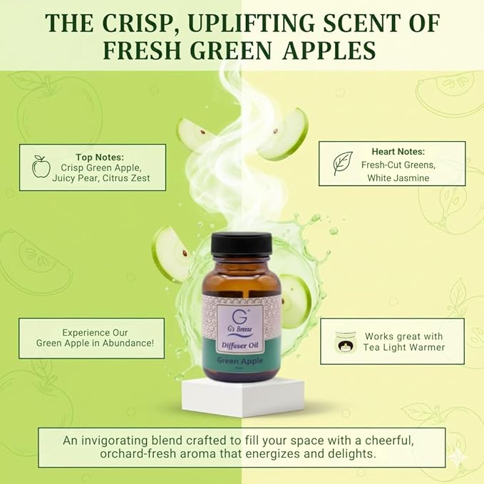 G’s Breeze Smart Diffuser with Refill – Bluetooth & Wi-Fi App Control, Gradient LED Lighting, Adjustable Scent Intensity, Low Noise, 24 Hour, Aromatherapy Diffuser for Home & Office - Green Apple