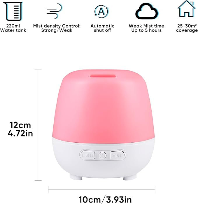 HAPPTWS 220ml Essential Oil Diffuser, Upgraded Diffusers for Essential Oils Aromatherapy Diffuser Cool Mist Humidifier with 7 Colors Lights 2 Mist Mode Waterless Auto Off for Home Office Room - White