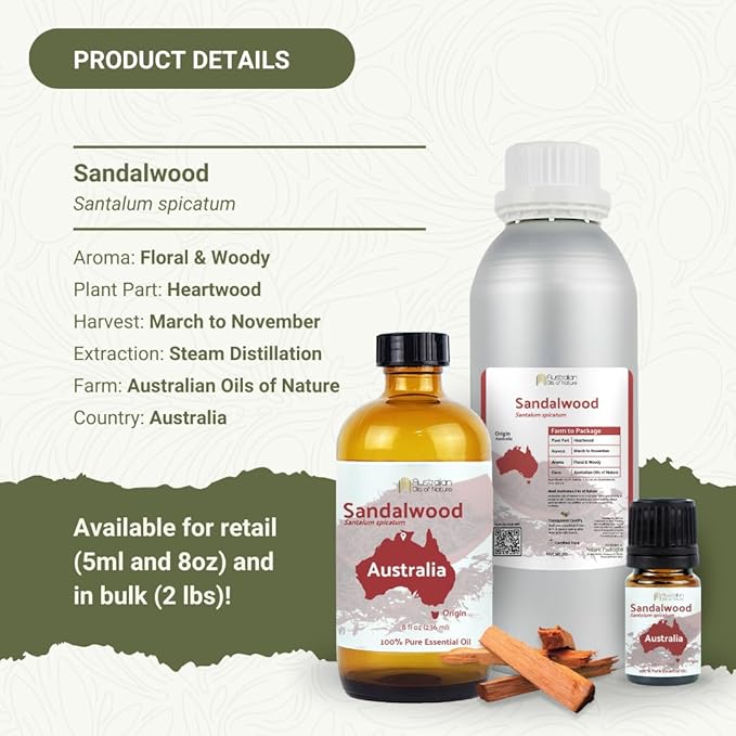 Sandalwood Essential Oil - Direct from Australian Oils of Nature - Steam Distilled - Aceite Esencial de Sándalo for Aromatherapy, Massage, Diffuser, DIY Candle and Soap Making - 8oz