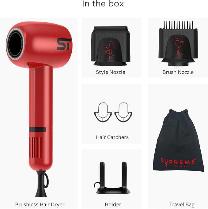 Supreme Trimmer Hair Dryer Negative Ion 110,000 RPM | Fast Drying & Low Noise Blow Dryer 1400W Brushless Motor | Magnetic Attachments, 3 Heat & 3 Speed Settings + Cool Shot | SHD347