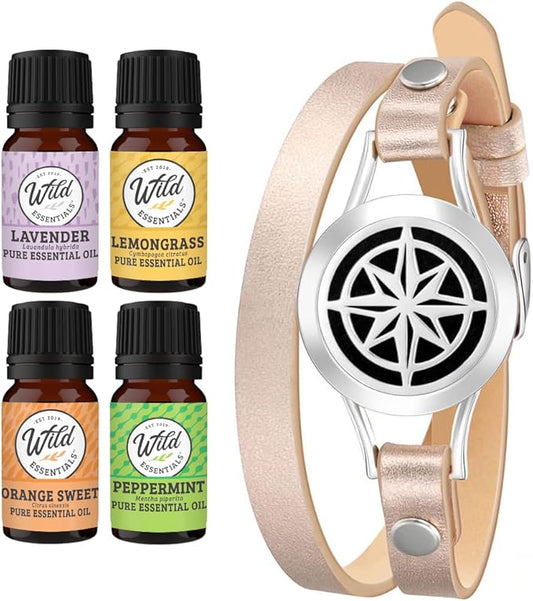 Wild Essentials Nautical Star Essential Oil Leather Wrap Bracelet Diffuser, Gift Set, Lavender, Lemongrass, Peppermint, Orange Oils, 12 Pads, Customizable Color Changing Perfume Jewelry, Aromatherapy