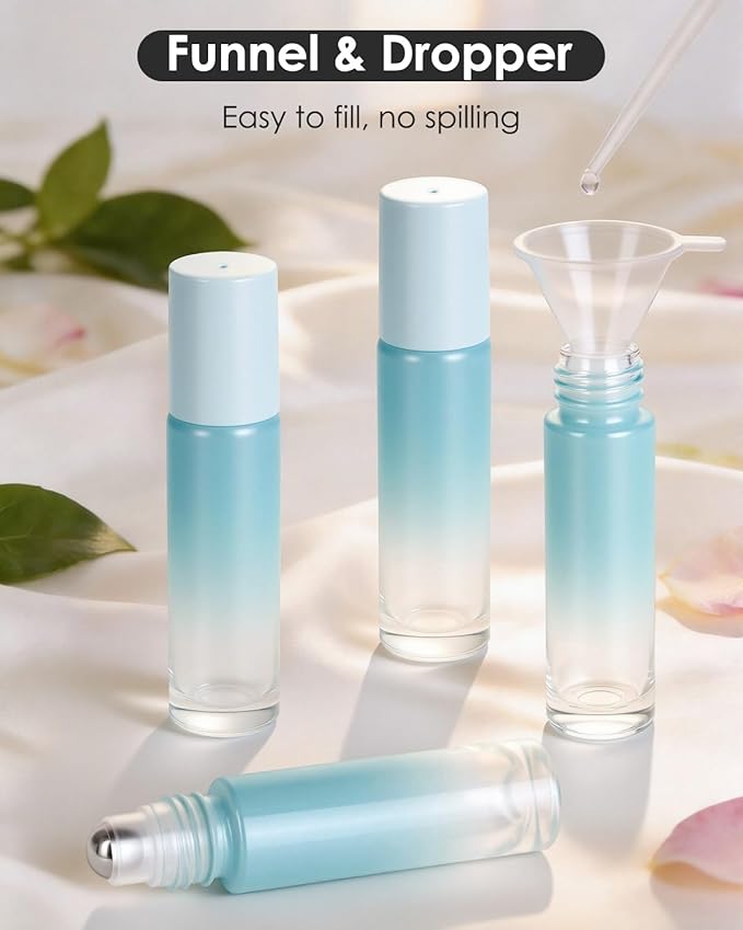 Worldgsb 4 Pack Essential Oil Roller Bottles, 10ml Refillable Glass Roller Bottles with Stainless Steel Roller Balls and Caps for Travel, Perfume and Lip Gloss Blue Gradient