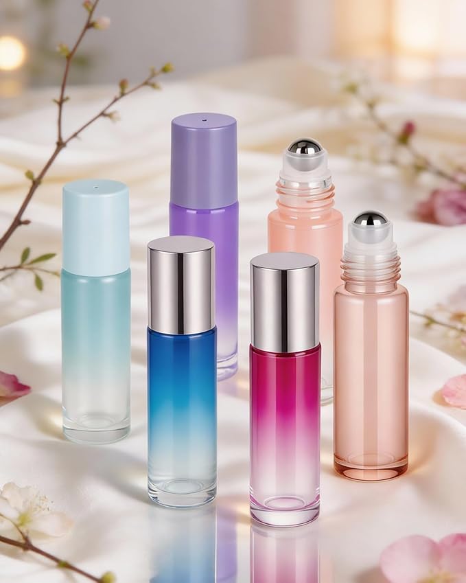 Worldgsb 12 Pack Essential Oil Roller Bottles, 10ml Refillable Glass Roller Bottles with Stainless Steel Roller Balls and Caps for Travel, Perfume and Lip Gloss Rose Gold