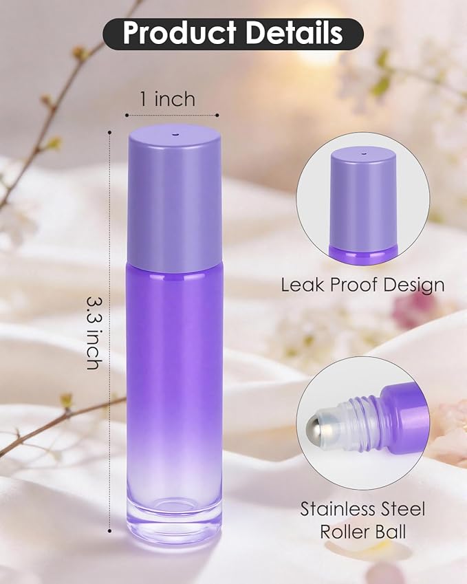 Worldgsb 12 Pack Essential Oil Roller Bottles, 10ml Refillable Glass Roller Bottles with Stainless Steel Roller Balls and Caps for Travel, Perfume and Lip Gloss Purple Gradient