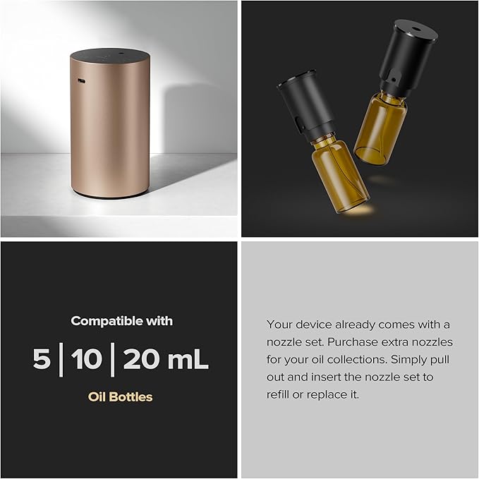 Airversa Waterless Essential Oil Diffusers Starter Kit with 4 x 10mL Hotel Scent Fragrance Oil, Aluminum Housing, Battery Operated Mini Scent Air Portable Diffuser for Home Car Office Titanium