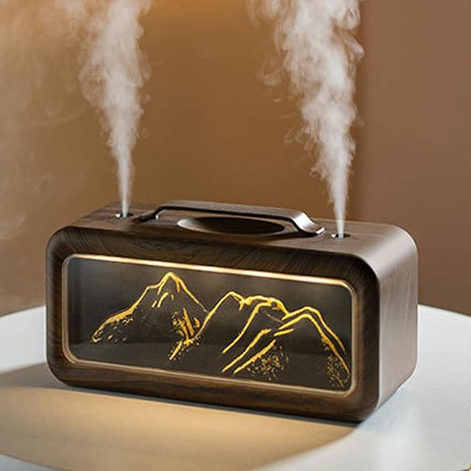 600ml Essential Oil Diffuser, Dual Spray Mountain Aromatherapy Diffuser Cool Mist Humidifier with Light, Essential Oil Scent for Home Bedroom (Light Wood Grain)