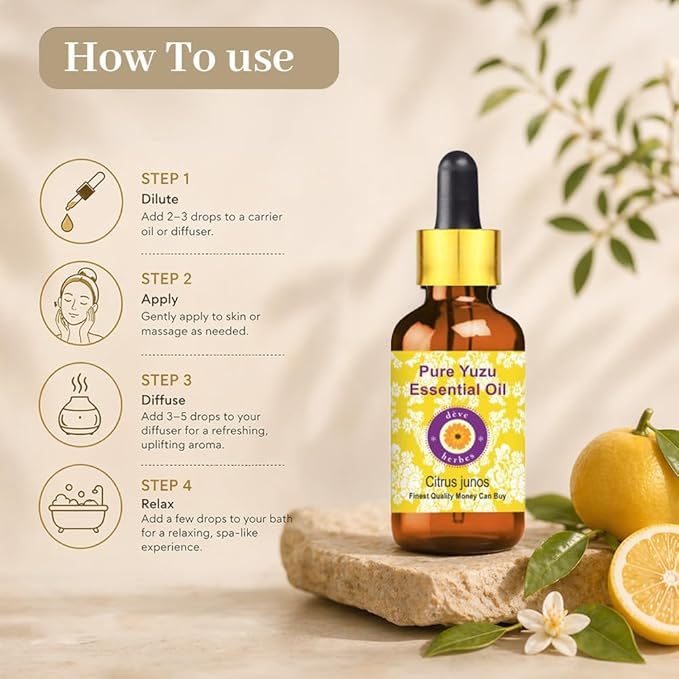 Deve Herbes Pure Yuzu Essential Oil (Citrus Junos) with Glass Dropper |Non-Sticky | Non-Greasy | Lightweight | Men & Women | All Skin Types | Steam Distilled 10ml (0.33 oz)