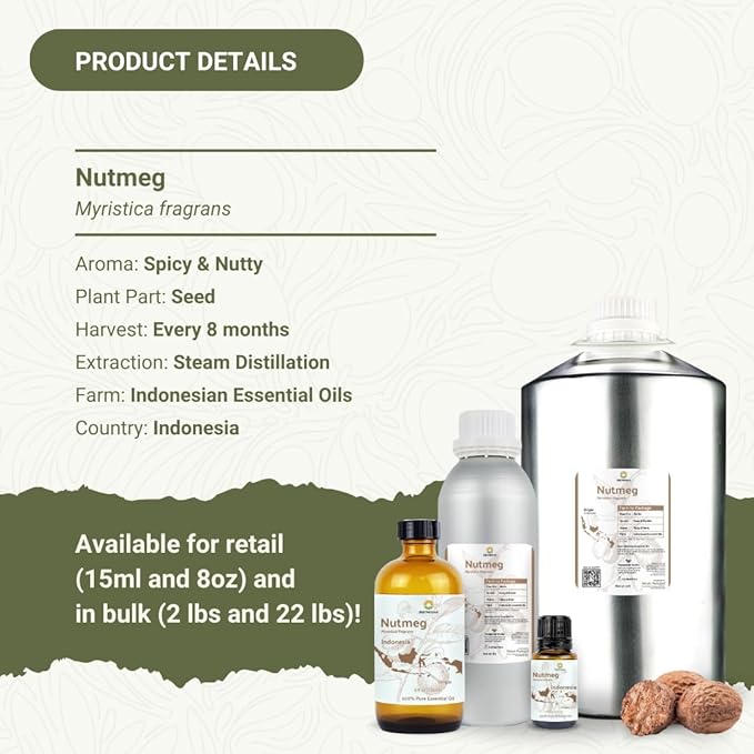 Nutmeg Essential Oil - Direct from Central Java, Indonesia - Pure Essential Oils for Diffusers, Muscle Relief and Aromatherapy | Premium Therapeutic Grade (8oz)