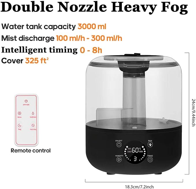 Ultrasonic Cool Mist Humidifier with Remote Control, 3L Capacity, Adjustable Mist, Safety Auto-Off Timer, 360° Double Nozzle, Mini Essential Oil Diffuser for Bedroom(White)