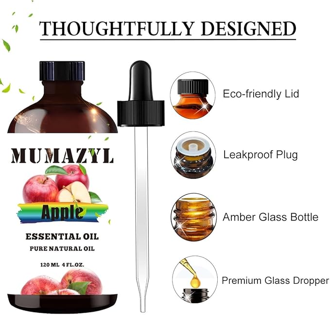 Apple Essential Oil, Apple Oil 4 Fl Oz 120ML for Diffuser Humidifier Yoga Cleaning DIY Candle Soap Making MUMAZYL Essential Oils