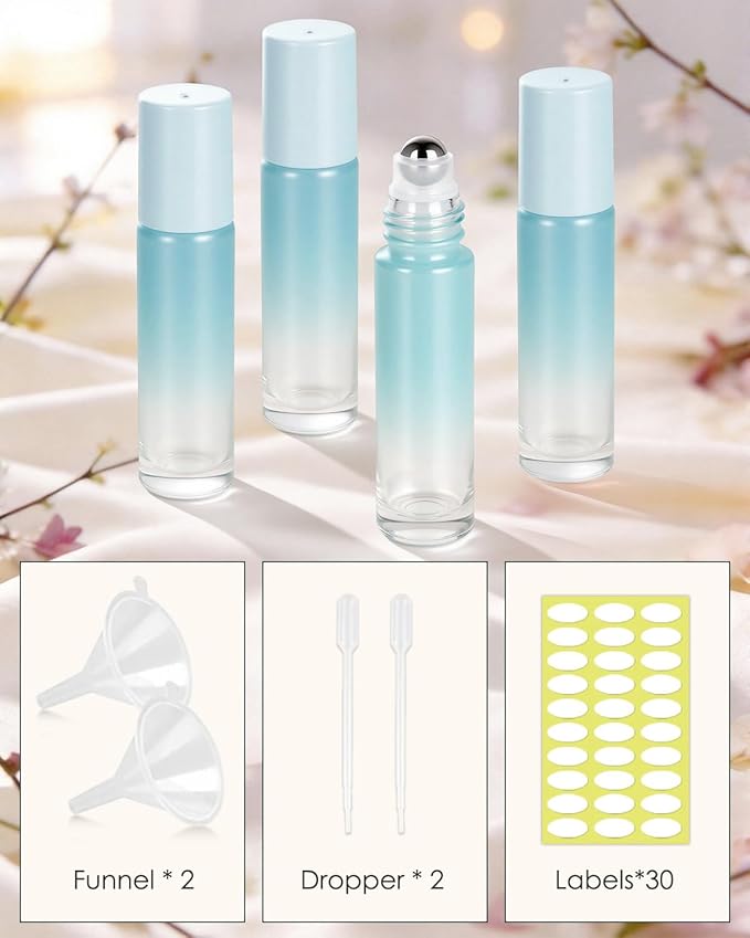 Worldgsb 25 Pack Essential Oil Roller Bottles, 10ml Refillable Glass Roller Bottles with Stainless Steel Roller Balls and Caps for Travel, Perfume and Lip Gloss Blue Gradient